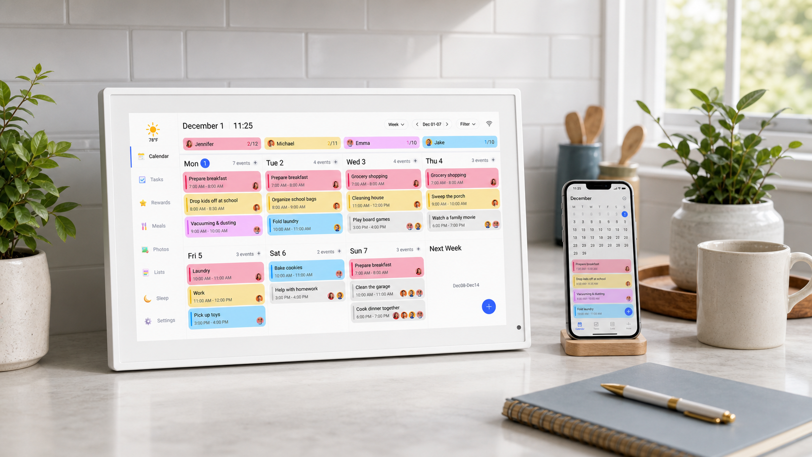 Dragon Touch digital calendar with a phone sync visual for family schedule planning